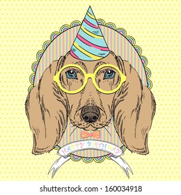 Hand Drawn Vector Illustration of Dachshund for Happy Birthday Greeting Card