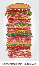 Hand drawn vector illustration of a Dagwood Sandwich.