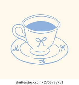 Hand drawn vector illustration of a dainty blue teacup and saucer decorated with cute bows. Elegant coquette aesthetic line art in pastel colors for cafe menus, greeting cards, and cozy designs