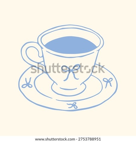 Hand drawn vector illustration of a dainty blue teacup and saucer decorated with cute bows. Elegant coquette aesthetic line art in pastel colors for cafe menus, greeting cards, and cozy designs