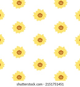 Ilustración vectorial dibujada a mano de la flor margarita con un patrón de cara sonriente al estilo de las caricaturas. Patrón para textil, tela, papel envolvente.