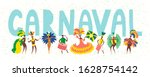 Hand drawn vector illustration with dancing people in bright costumes, drummers, Portuguese text Carnaval. Flat style design. Concept for Rio de Janeiro, Brazilian carnival poster, flyer, banner.