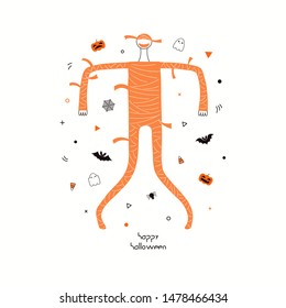 Hand drawn vector illustration of a dancing cartoon character in a mummy costume, abstract elements, pumpkins, bats, ghosts, spider webs, skulls, corn candy, text Happy Halloween. Invitation design.