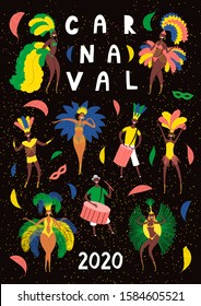 Hand drawn vector illustration with dancing people in bright costumes, feathers, Portuguese text Carnaval. Flat style design. Concept for Rio de Janeiro, Brazilian carnival poster, flyer, banner.