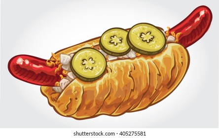 Hand drawn vector illustration of a Danish Hot Dog with red sausage, fried onion, raw onion, sliced cucumbers.
