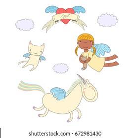 Hand drawn vector illustration of a dark skinned angel girl, holding kitten, unicorn with wings and angel cat, heart and text on a ribbon. Isolated objects on white background. Design concept for kids