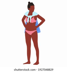 Hand drawn vector illustration of dark-skinned girl in a swimsuit on the beach simple design