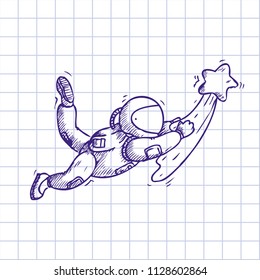 Hand Drawn Vector Illustration for the day of astronautics. Drawing on a checkered notebook. Astronaut flies holding on to a flying star