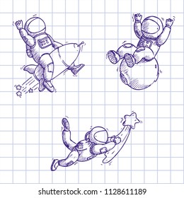 Hand Drawn Vector Illustration for the day of astronautics. Icon Set with Spaceman. Drawing on a checkered notebook. Astronaut on flying star. Astronaut on rocket. Astronaut on asteroid.