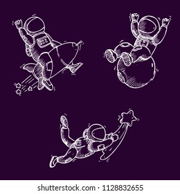 Hand Drawn Vector Illustration for the day of astronautics. Icon Set with Spaceman on dark purple background. Astronaut on flying star. Astronaut on rocket. Astronaut on asteroid.