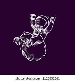 Hand Drawn Vector Illustration for the day of astronautics on dark purple background.  Astronaut with raised hands sits on an asteroid