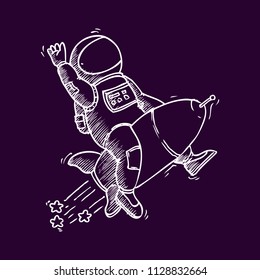 Hand Drawn Vector Illustration for the day of astronautics on dark purple background. Astronaut flies on rocket with raised arm
