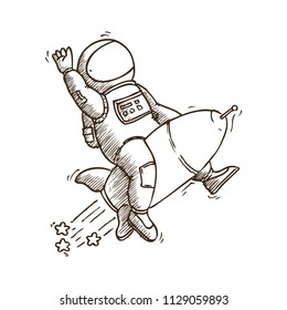 Hand Drawn Vector Illustration for the day of astronautics on white background. Astronaut flies on rocket with raised arm