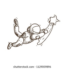 Hand Drawn Vector Illustration for the day of astronautics on white background. Astronaut flies holding on to a flying star