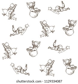 Hand Drawn Vector Illustration for the day of astronautics. Seamless Pattern with Spaceman on white background. Astronaut on flying star. Astronaut on rocket. Astronaut on asteroid.