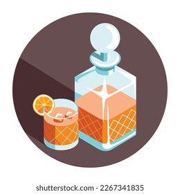 Ilustración vectorial dibujada a mano de un decantador y un vaso de whisky o de cóctel de brandy con una rodaja de cítricos naranja