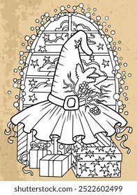 Hand drawn vector illustration with decorated witch hat and gifting boxes against window with lights on textured background. Esoteric, gothic and mystic object or element. Halloween and New Year conce