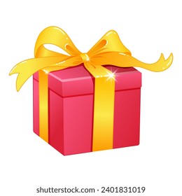 Hand drawn vector illustration of decorative Christmas pink gift box with yellow bow. Christmas present with ribbon