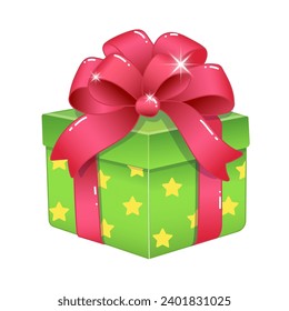 Hand drawn vector illustration of decorative Christmas gift box with bow. Christmas present with ribbon
