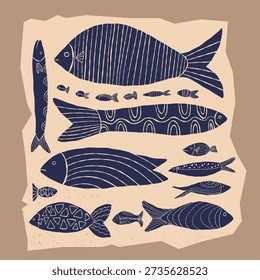 Hand drawn vector illustration of decorative fish in folk and Scandinavian style. Naive art design for posters, packaging, branding, textile and wall art.