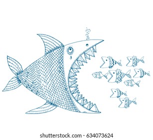 hand drawn vector illustration of decorative abstract fish fighting. concept image of danger, group power, nature balance for poster, caver, card, print and web design
