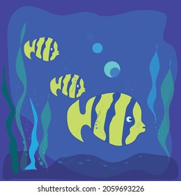 Hand drawn vector illustration.
Deep under water scene with fishes and sea weeds.  Perfect for kid's wall art, stationary or T-shirt print.