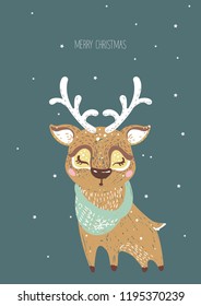 Hand Drawn Vector Illustration of Deer for Merry Christmas Card. Soft colors. Tender card.