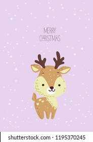 Hand Drawn Vector Illustration of Deer for Merry Christmas Card. Soft colors. Tender card.