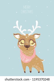 Hand Drawn Vector Illustration of Deer for Merry Christmas Card. Soft colors. Tender card.