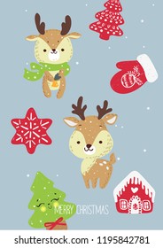 Hand Drawn Vector Illustration of Deer for Merry Christmas Card. Soft colors. Tender card.