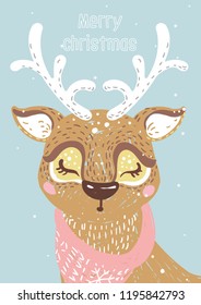 Hand Drawn Vector Illustration of Deer for Merry Christmas Card. Soft colors. Tender card.