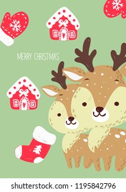 Hand Drawn Vector Illustration of Deer for Merry Christmas Card. Soft colors. Tender card.