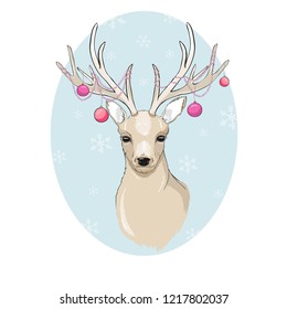 Hand Drawn Vector Illustration of Deer, Merry Christmas Card