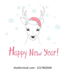 Hand Drawn Vector Illustration of Deer, Merry Christmas Card