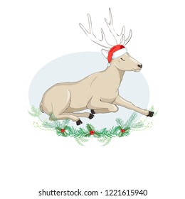 Hand Drawn Vector Illustration of Deer, Merry Christmas Card