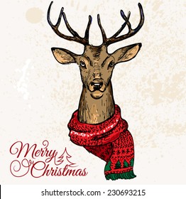 Hand Drawn Vector Illustration of Deer Hipster in Jacquard Sweater, Merry Christmas Card