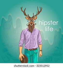 Hand Drawn Vector Illustration of Deer Hipster. 
