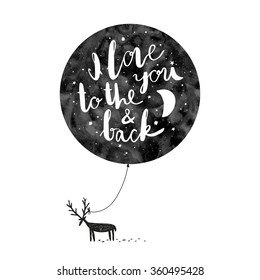 hand drawn vector illustration with a deer, ballon and text