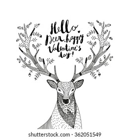 hand drawn vector illustration with a deer and text Hello Deer