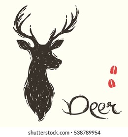 Hand drawn vector illustration of the deer silhouette in engraving style with handwriting title and decorative drawn tracks