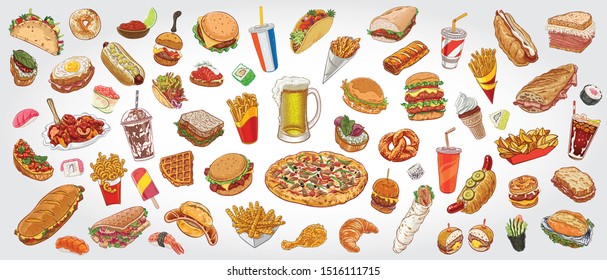 Hand drawn vector illustration of delicious fast food items and beverages. Burger, sandwich, pizza, fries, taco, hot dog, fried chicken, sushi, soda, beer.
