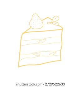 Ilustración vectorial dibujada a mano de una deliciosa rebanada de pastel de fresa con capas de nata. Icono minimalista del arte de la línea aislado en el fondo blanco