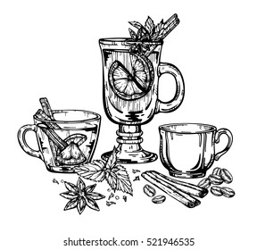 Hand drawn vector illustration delicious hot drinks. Retro template isolated
