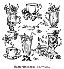 Hand drawn vector illustration delicious hot drinks. Retro template isolated