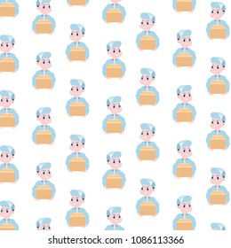 Hand drawn vector illustration of delivery man portrait hold box pattern.