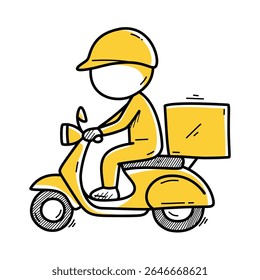Hand drawn vector illustration of a delivery man riding a yellow scooter with helmet and package box. Perfect for shipping, logistics, courier, and fast delivery service concepts.