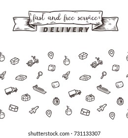 Ilustração vetorial desenhada à mão do plano de fundo sem emenda do serviço de entrega com espaço para o logotipo da empresa.