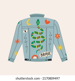 Hand drawn vector illustration with denim jacket. Snake, brave lettering word, moon, heart, stars and flowers. Trendy fashion print design, sticker template