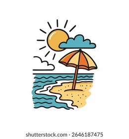 A hand drawn vector illustration depicting a beach scene. There is a sun, cloud, ocean, beach umbrella, and sand in a minimalist line art style