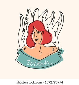 Hand drawn vector illustration. Depiction of a girl with red hair. Lettering with the word Witch.